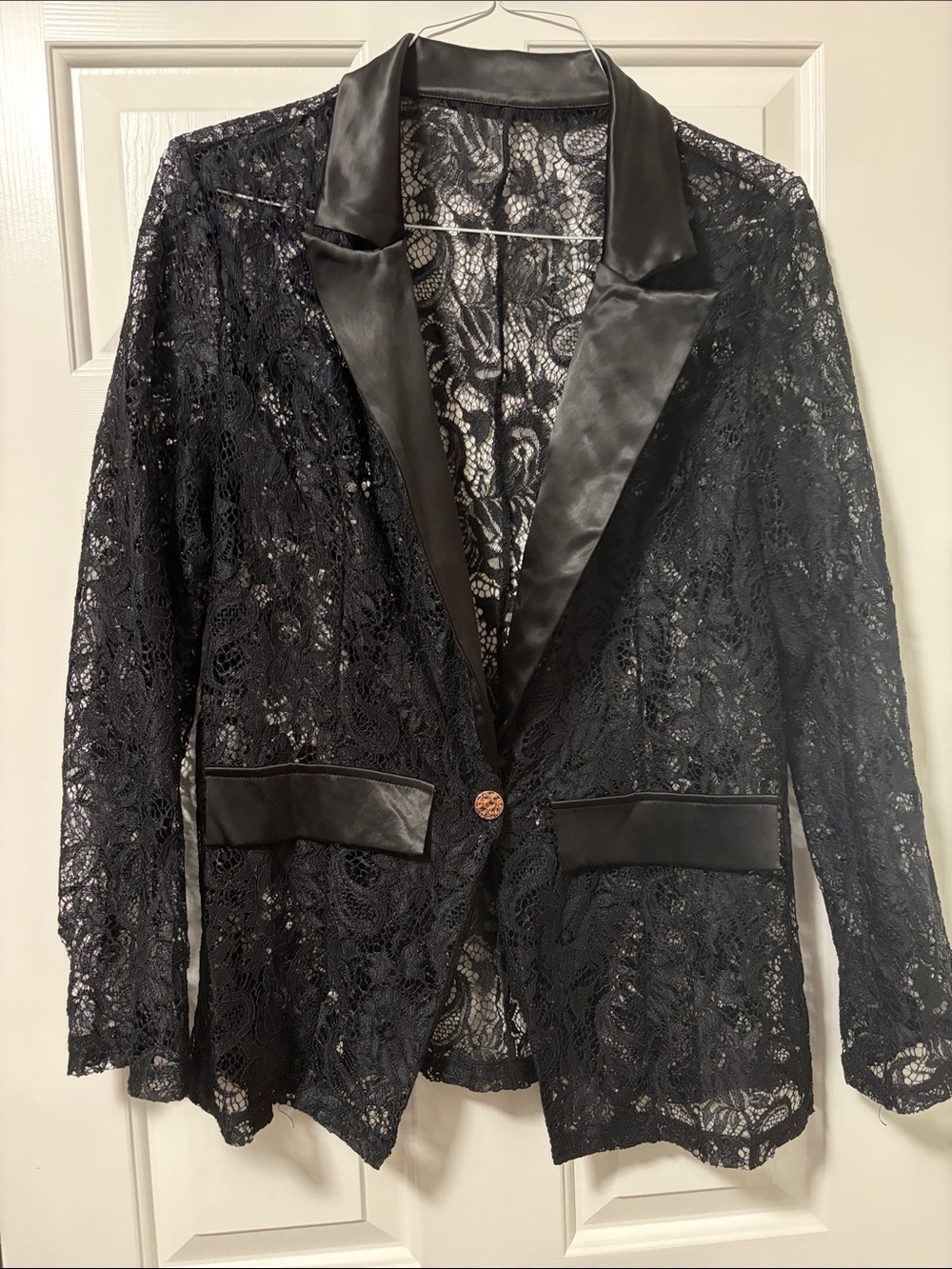Black Lace Blazer Jacket with Satin Trim